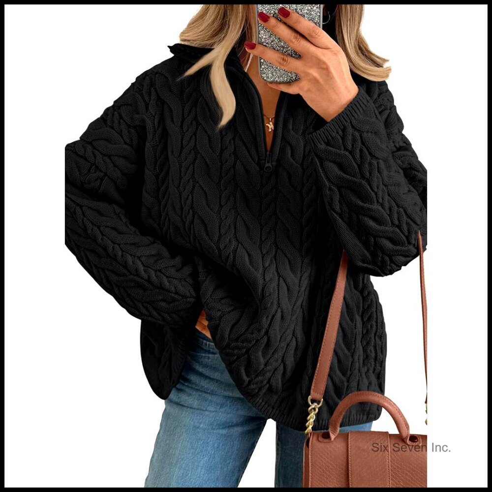 Oversized Cable Knit Quarter Zip Pullover Sweater Classic Preppy Chic